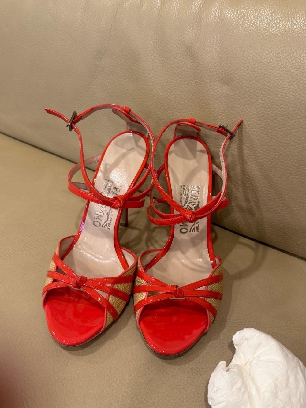 Salvatore Ferragamo Red Patent & Natural Woven Strappy Heels - Picture 3 of 8